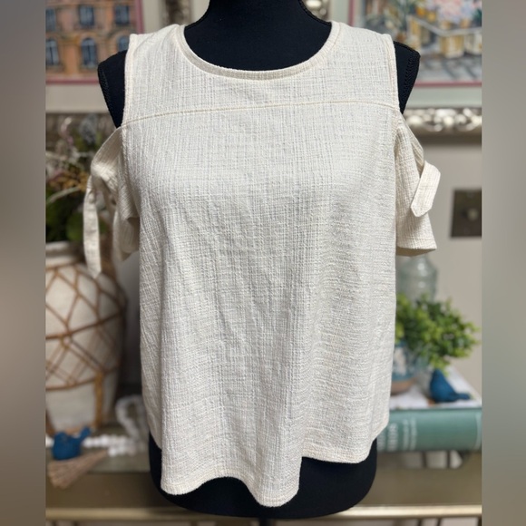 MADEWELL SKYLARK COLD SHOULDER SWING STYLE TIE TOP CREAM KNIT TOP BLOUSE SZ M - Picture 2 of 8
